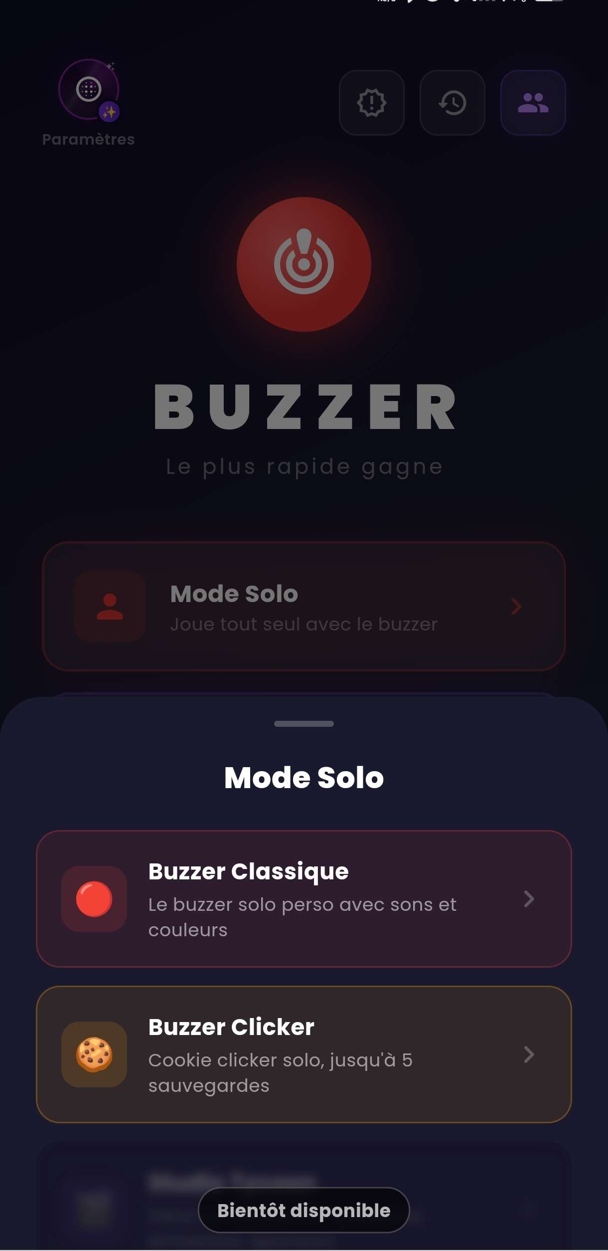 Écran de sélection des modes de jeu dans Buzzer